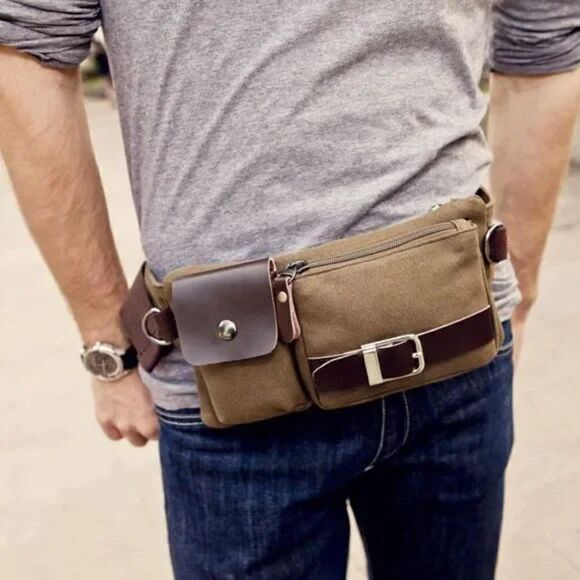 NEW Chest Bag Sports Waist Pack Bum, Canvas Coffee Unisex - Picture 6 of 8